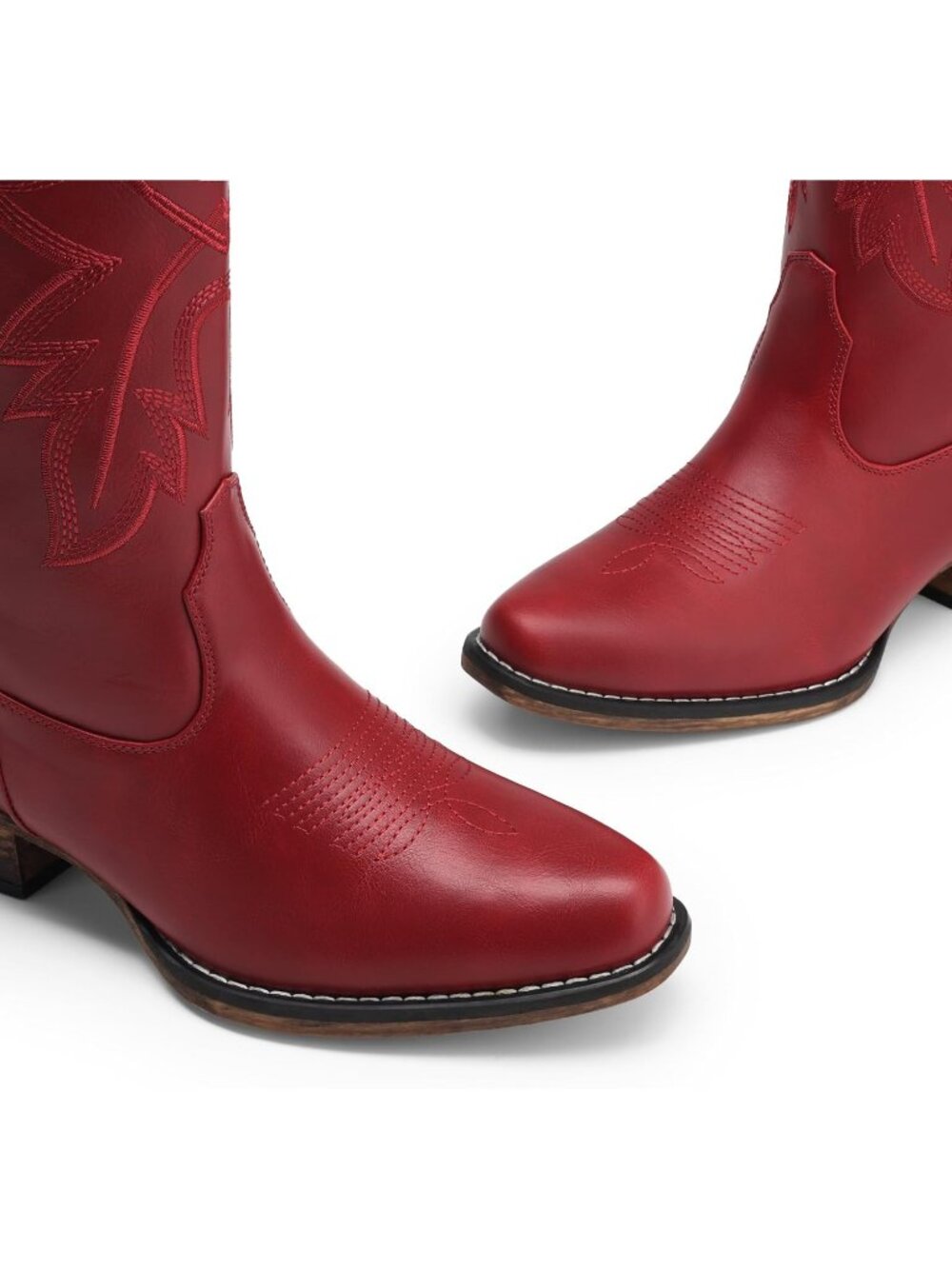 Women Cowgirl Western Mid Calf Red Snip Toe Embroidered Low Chunky Heel Boots - Picture 5 of 7